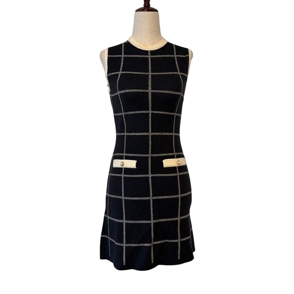 French Connection Check Retro Knit Sweater Minidress, Navy/Cream, XS